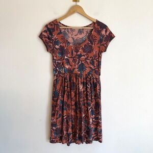 Peruvian Connection Dress Rust Moody Floral Pima Cotton Boho Artsy Earthy XS